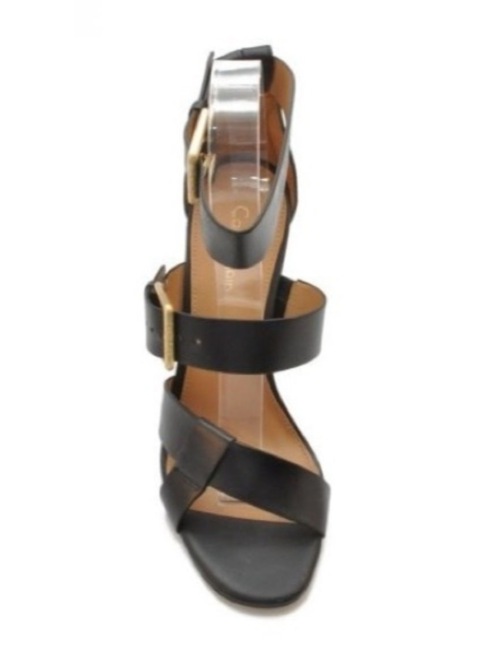 Calvin Klein Women’s Size 8.5 LUANA LUXOR Black Leather Block PVC Heel Sandals